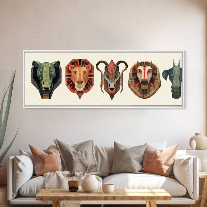 African Animal Mask Collection Framed Canvas Print, Elephant Lion Ram Baboon Tribal Wall Art, Safari Decor For Bold Home