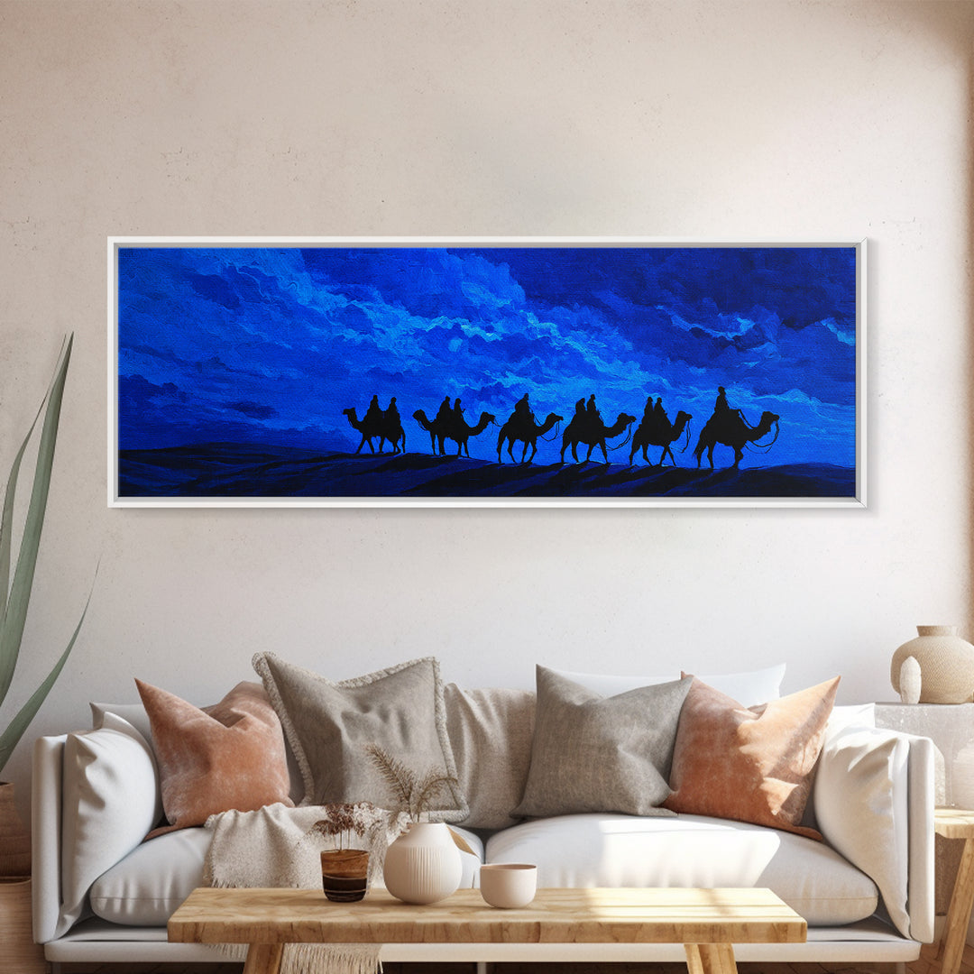 Blue Desert Camel Caravan Wall Art, Moonlit Nomad Silhouette Print, African Safari Decor, Mystical Travel Canvas For Bedroom