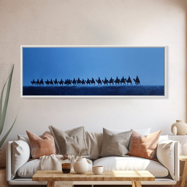 Distant Camel Caravan Canvas Print, Blue Desert Horizon Wall Art, African Travel Poster, Minimalist Safari Decor For Living Room