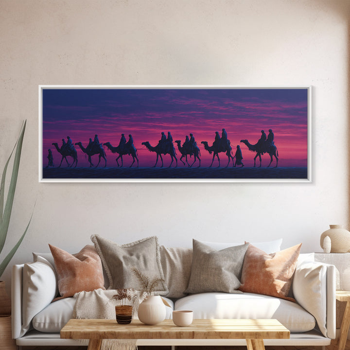 Purple Sunset Camel Caravan Wall Art, Desert Nomad Silhouette Painting, African Safari Decor, Travel Canvas Print For Bedroom