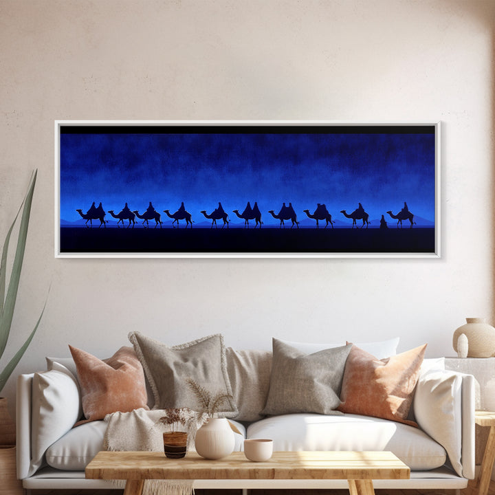 Deep Blue Camel Caravan Canvas Print, Desert Silhouette Wall Art, African Safari Poster, Minimalist Travel Decor For Home