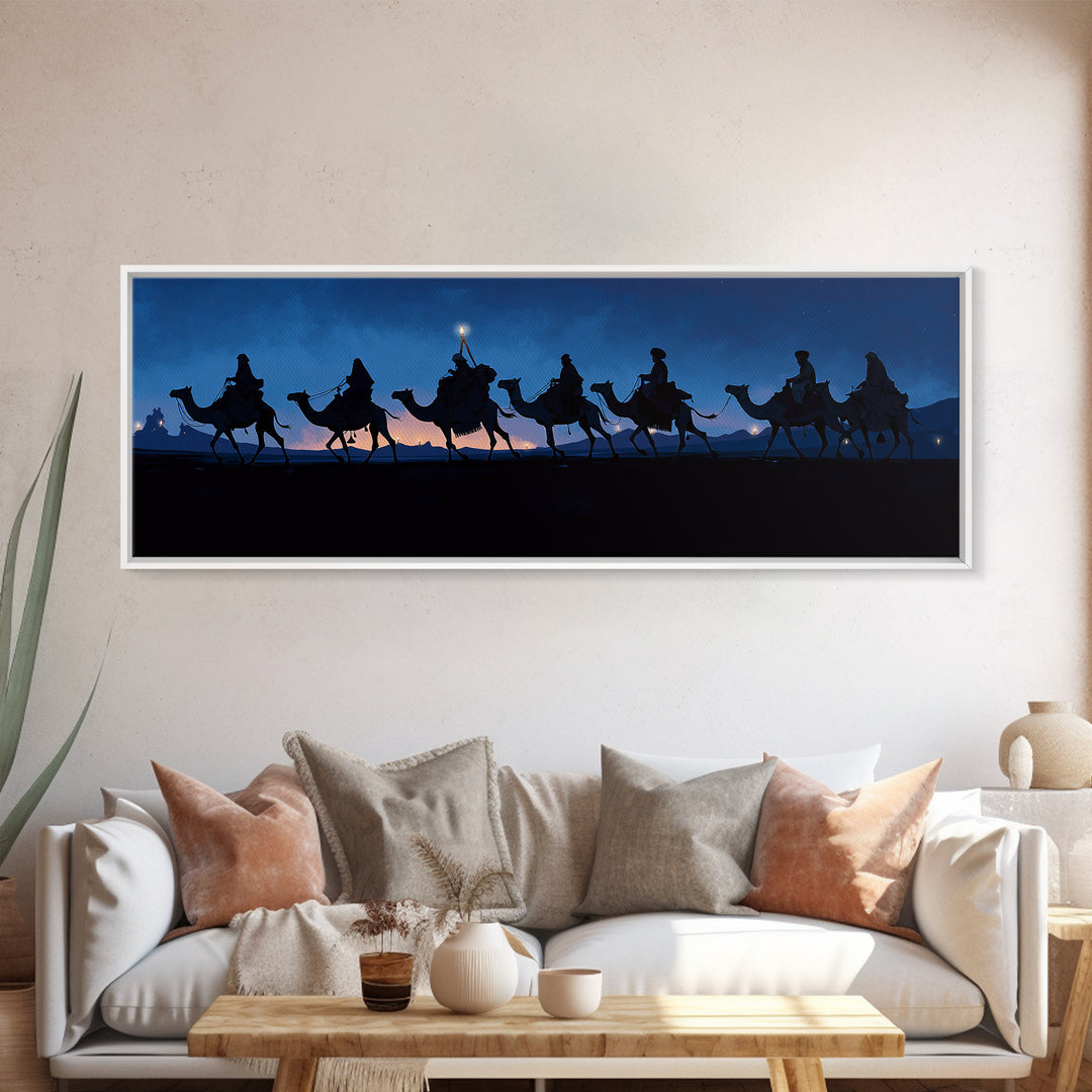 Night Camel Caravan Framed Canvas Print, Blue Desert Silhouette Wall Art, African Safari Travel Decor, Nomad Scene For Home