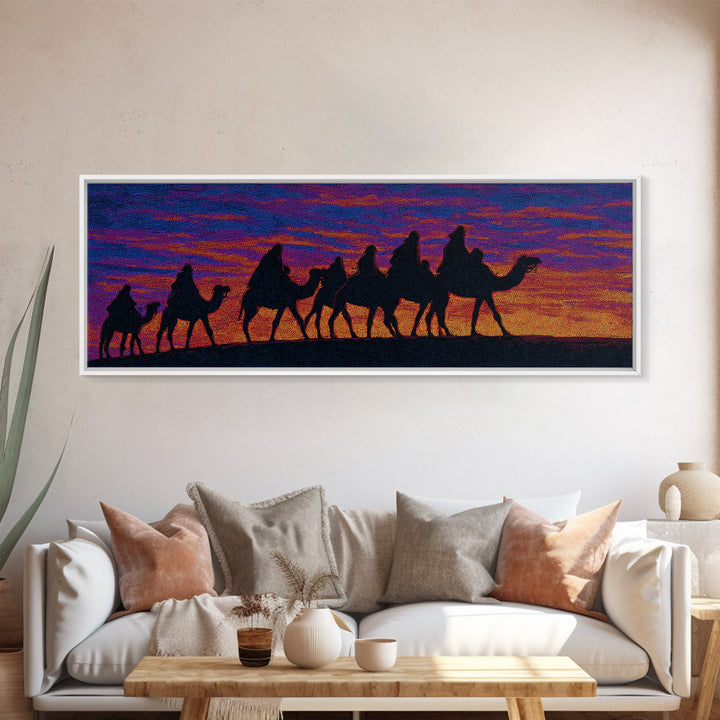 Vibrant Sunset Camel Caravan Silhouette Canvas Print, African Safari Wall Decor, Boho Desert Landscape, Colorful Art Gift