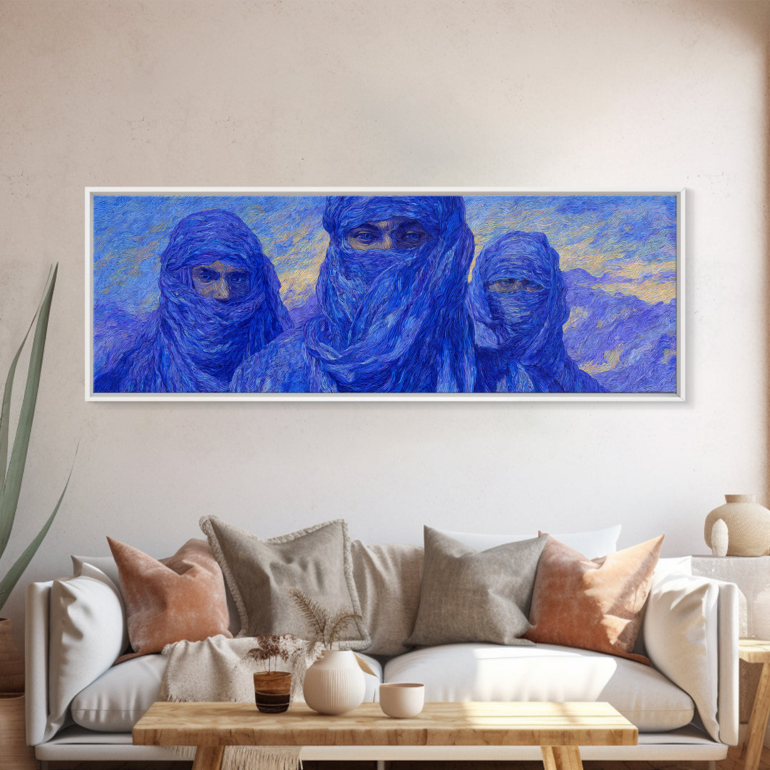 Three Blue Veiled Tuareg Portraits Canvas Print, African Painting Wall Art, Sahara Desert Decor, Modern Cultural Artwork