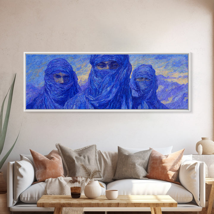 Three Blue Veiled Tuareg Portraits Canvas Print, African Painting Wall Art, Sahara Desert Decor, Modern Cultural Artwork