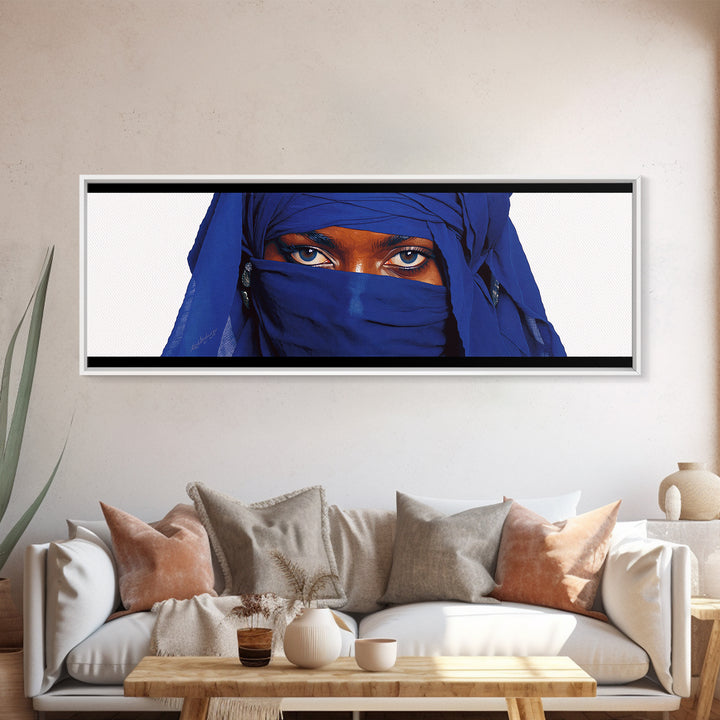 Blue Veiled Woman Eyes Portrait Wall Art, African Woman Art Print, Elegant Black Beauty Decor, Tuareg Canvas Print Gift For Her