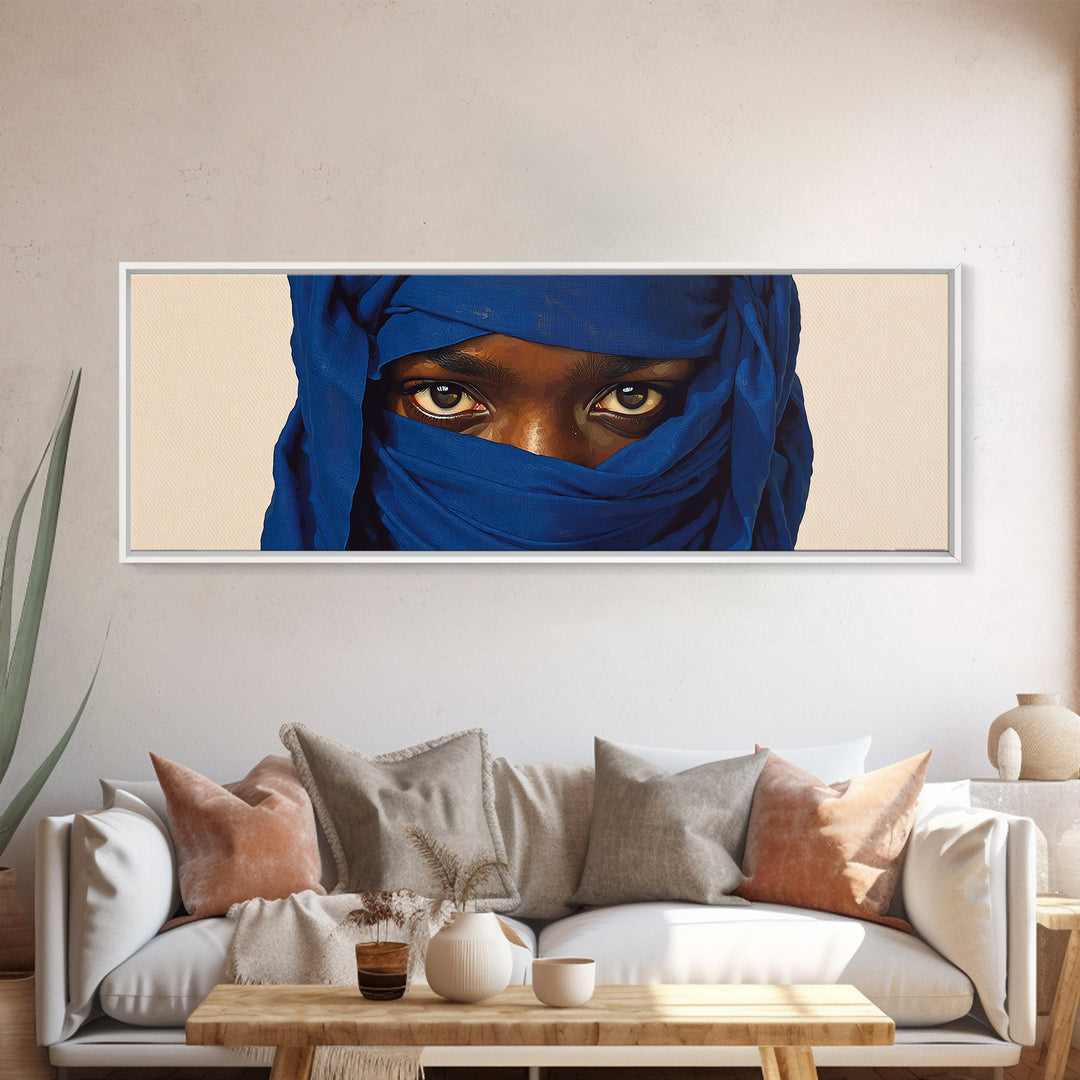 Intense Blue Veiled Eyes Portrait Canvas Print, African Woman Wall Art, Black Female Art, Minimalist Sahara Home Decor Gift