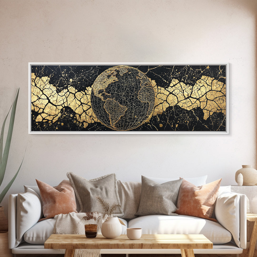 Golden World Map Globe Wall Art, African Travel Canvas Print, Black Gold Decor, Global Culture Office Art, Statement Gift