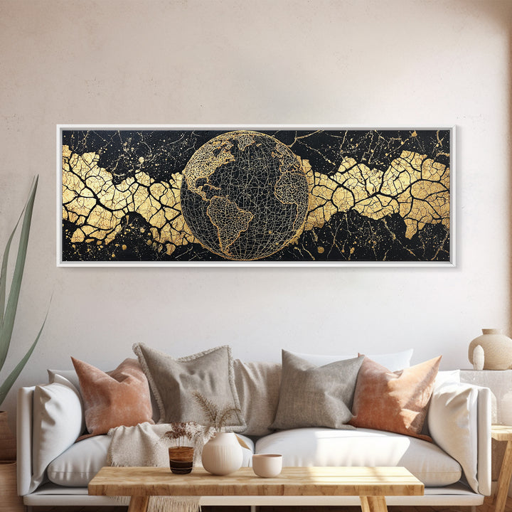 Golden World Map Globe Wall Art, African Travel Canvas Print, Black Gold Decor, Global Culture Office Art, Statement Gift