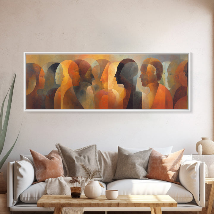 Layered African Dialogue Wall Art, Modern Afrocentric Abstract Faces, Black Culture Decor, Earth Tone Panoramic Print For Living Room