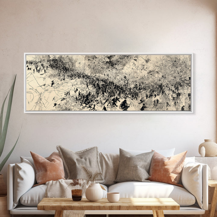 Monochrome African Migration Wall Art, Abstract Crowd Landscape, Black And White Culture Decor, Panoramic Art Print Home Gift