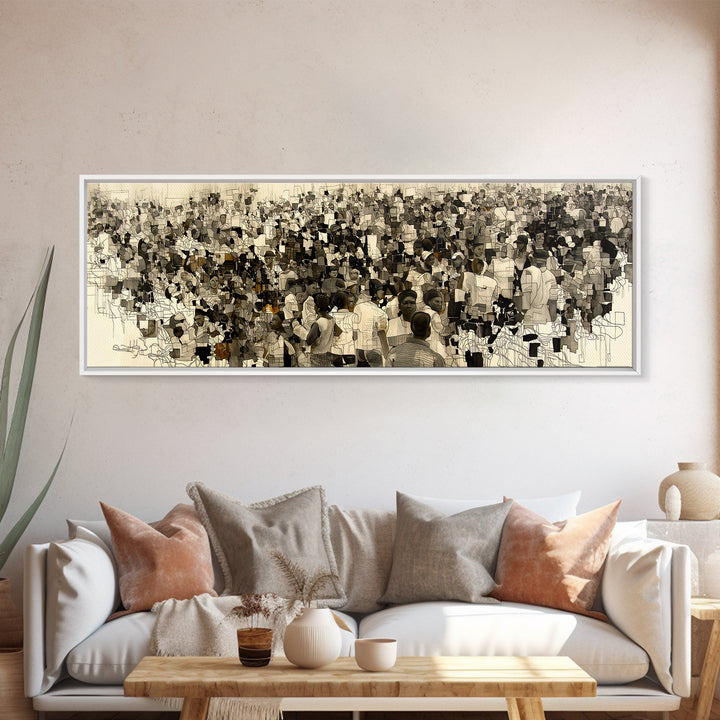 Sepia African Community Wall Art, Crowded Market Portrait, Black People Culture Decor, Panoramic Canvas Print Gift For Home