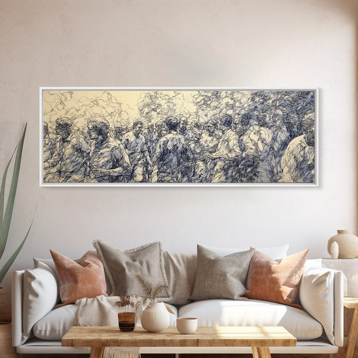 Blue Ink African Community Canvas Print, Expressive Line Drawing, Cultural Wall Decor, Black People Panoramic Art Home Decor Gift