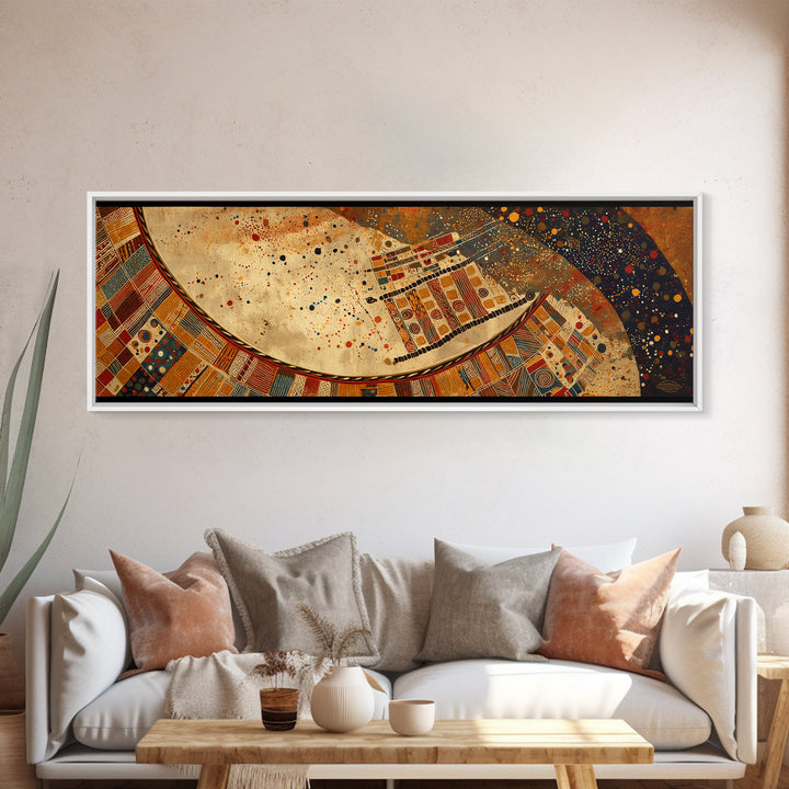 Celestial Ankara Crescent With Orange Patterns Canvas Print, African Fabric Art, Afrocentric Wall Decor, Boho Cultural Art