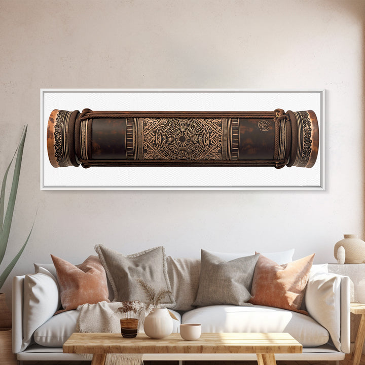 Carved Tribal Drum Cylinder In Brown Wood Canvas Print, African Sculpture Art, Ethnographic Wall Decor, Handmade Style Gift