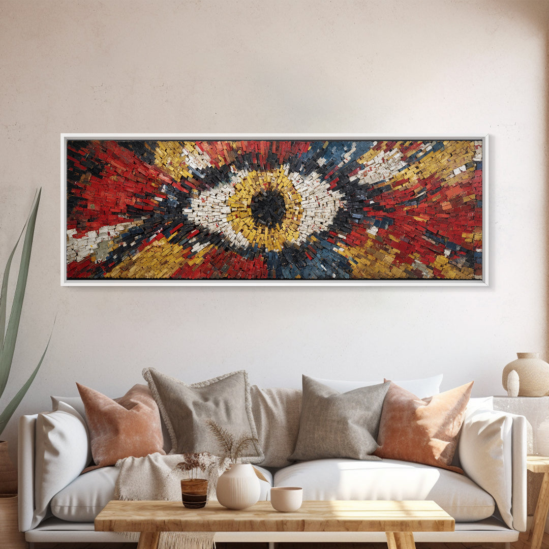 Exploding Eye Mosaic In Red Gold And Navy Framed Canvas Print, Abstract African Art, Bold Statement Wall Decor For Living Room