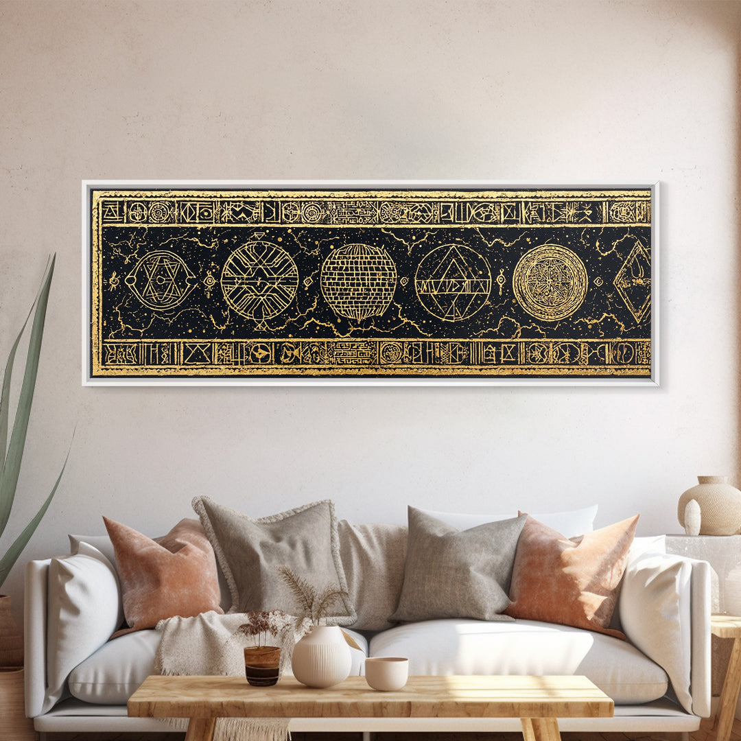 Gold Sacred Geometry Symbols On Black Canvas Print, African Patterns, Tribal Wall Art, Mystical Meditation Home Decor Gift