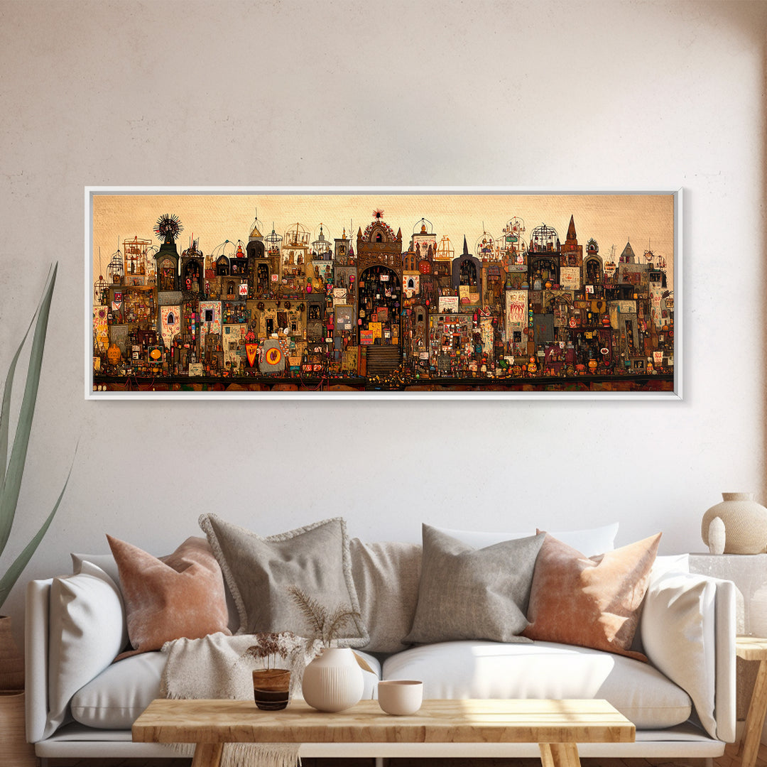 Intricate Fantasy City Shrine With Towers Canvas Print, African Inspired Wall Art, Maximalist Cultural Home Decor Unique Gift