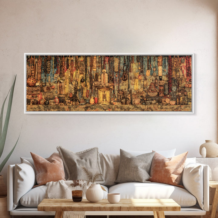 Rustic African Shrine With Masks And Ritual Objects Wall Art, African Tribal Art, Afrocentric Decor, Cultural Home Decor
