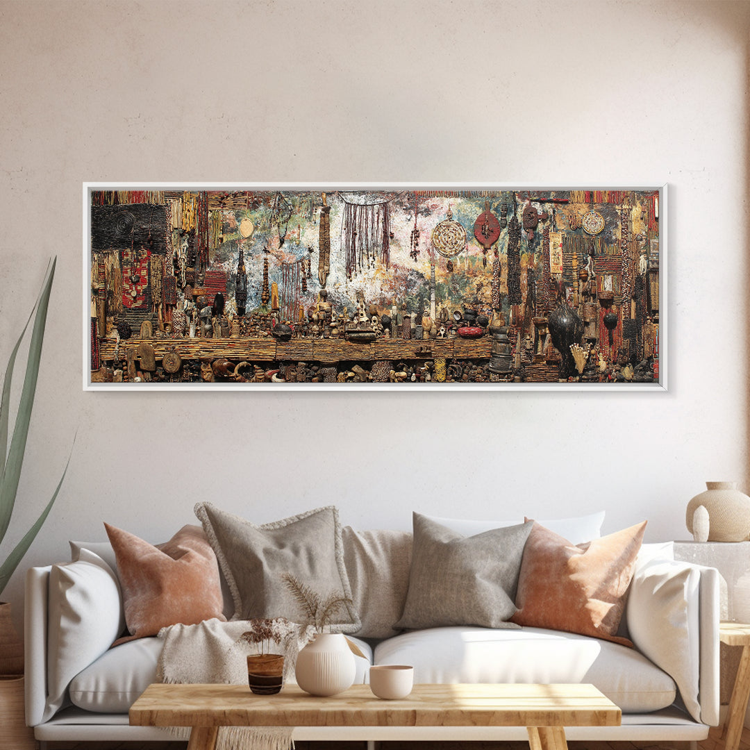 Eclectic African Market Altar With Masks And Textiles Canvas Print, African Art Prints, Ethnic Wall Decor, Boho Home Decor