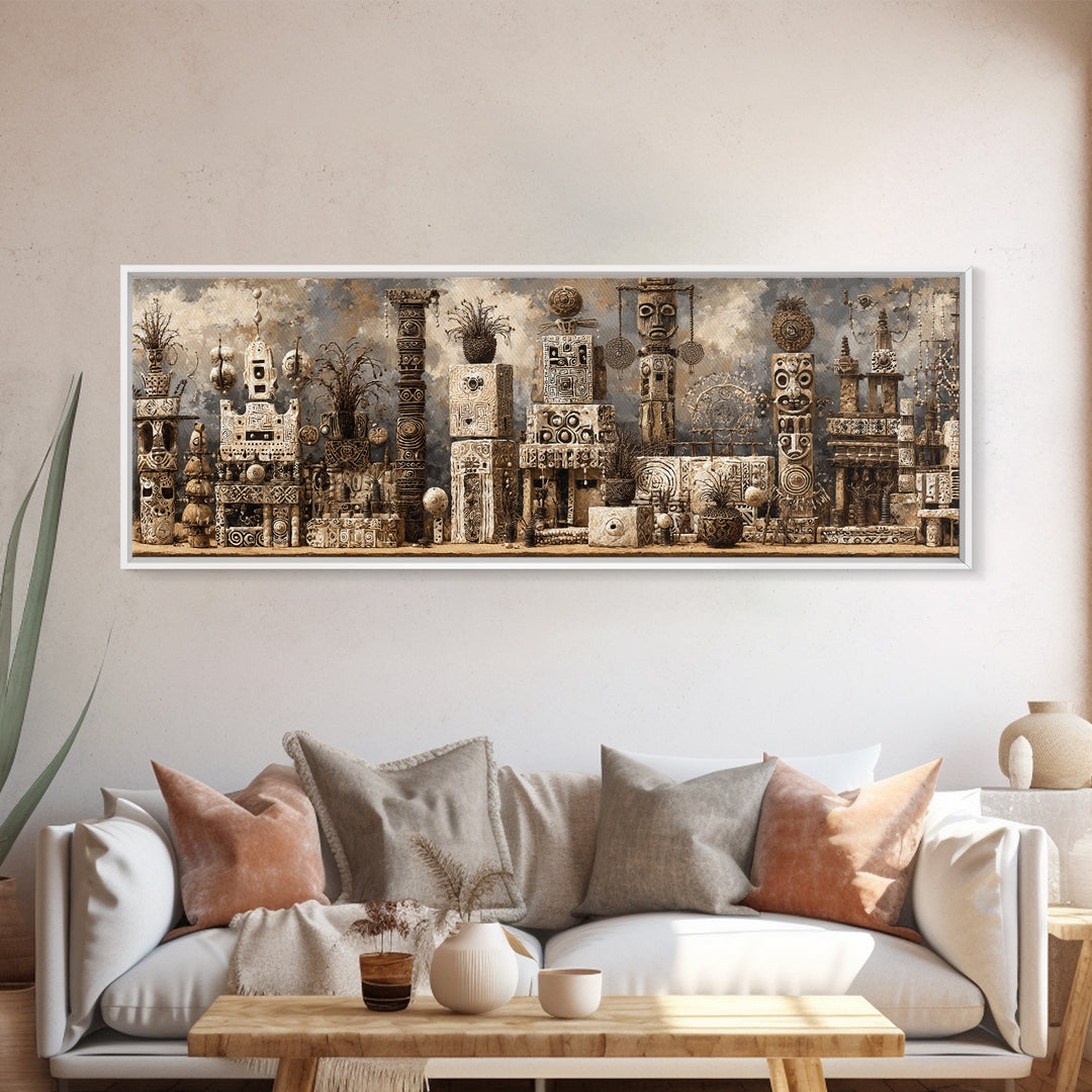 Monochrome African Totem Sculptures And Carved Masks Framed Canvas Print, Tribal Wall Decor, African Artwork, Cultural Art