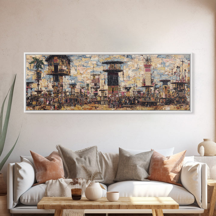 Abstract African City Skyline With Towers And Market Life Wall Art, Modern African Art, Urban Wall Art, Cultural Home Decor