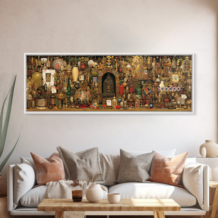 Voodoo Altar Shelf With Masks Bottles And Sacred Objects Canvas Print, Afrocentric Wall Art, African Decor, Spiritual Wall Decor