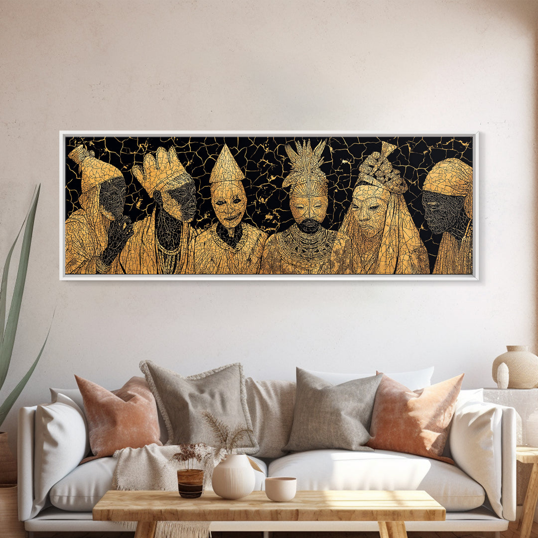 Gold African Royal Figures In Patterned Tribal Masks Framed Canvas Print, Black And Gold Art, African Wall Decor, Afro Art