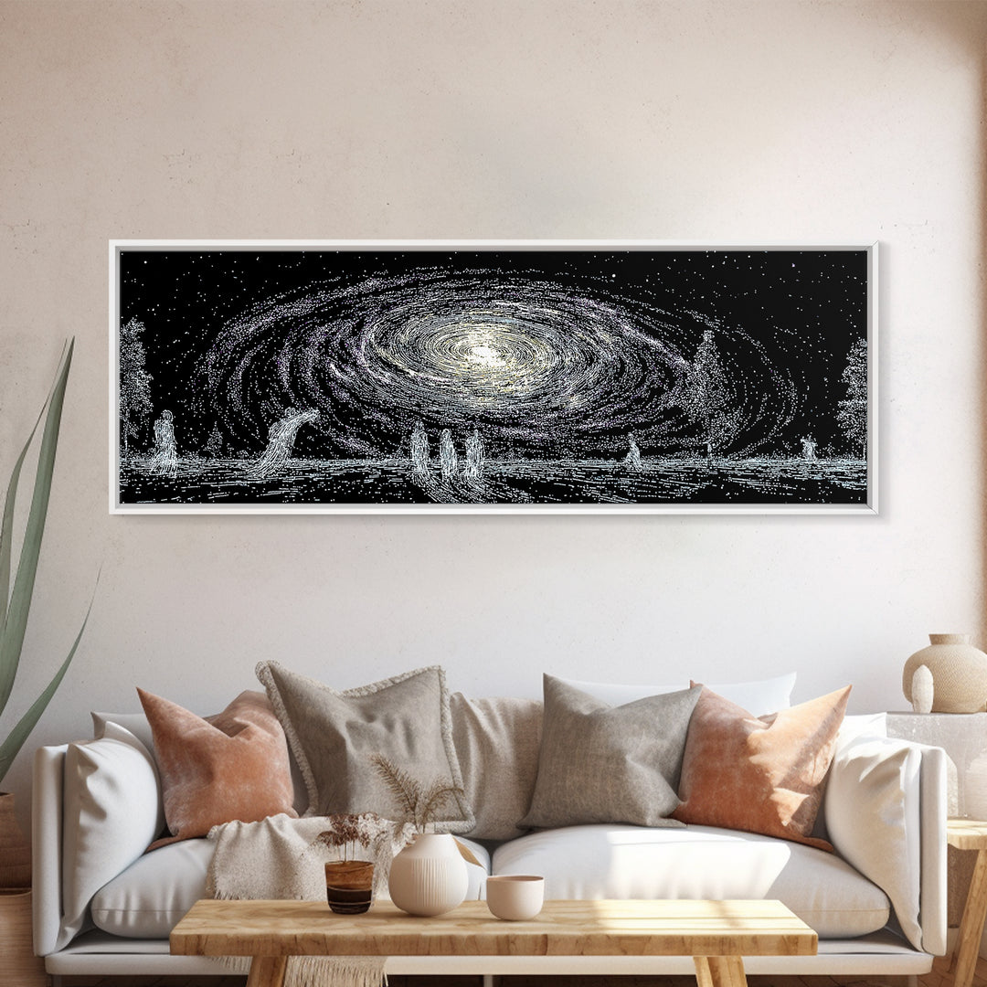 Cosmic Spiral Galaxy Over Water And Tiny Figures Canvas Print, Mystical Wall Art, Black And White Art, Contemporary Wall Art