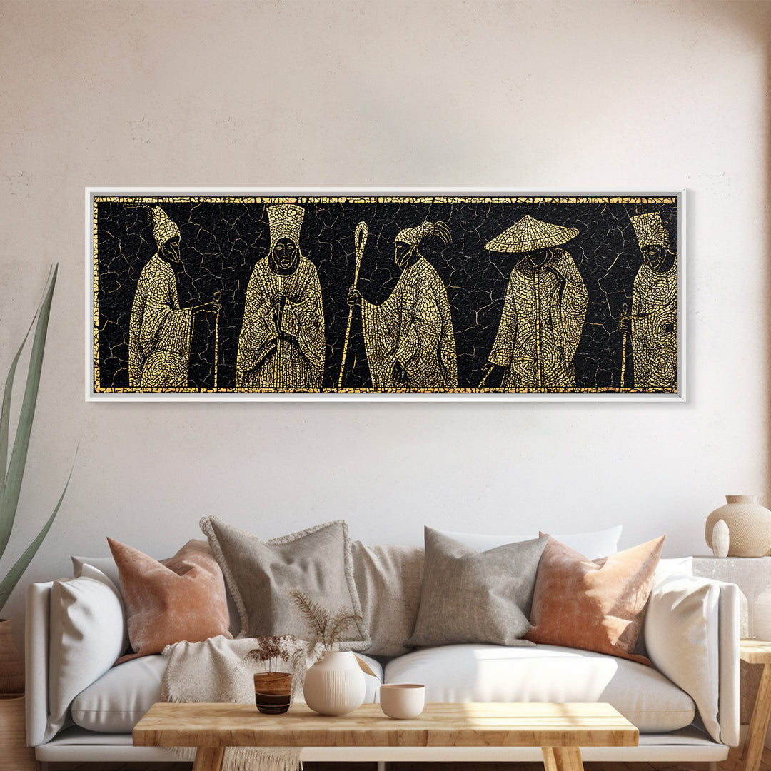 Gold African Elder Procession Wall Art, Ancient African Art, Tribal Figures Canvas Print, Black And Gold Cultural Decor Gift