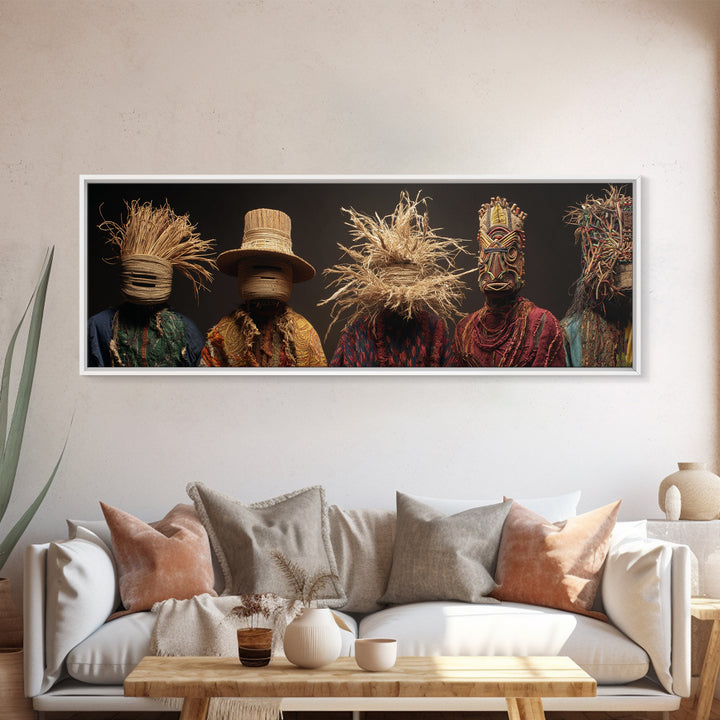 Straw Masked African Figures In Woven Textiles Framed Canvas Print, Tribal Portrait Wall Art, Afrocentric Home Decor Gift