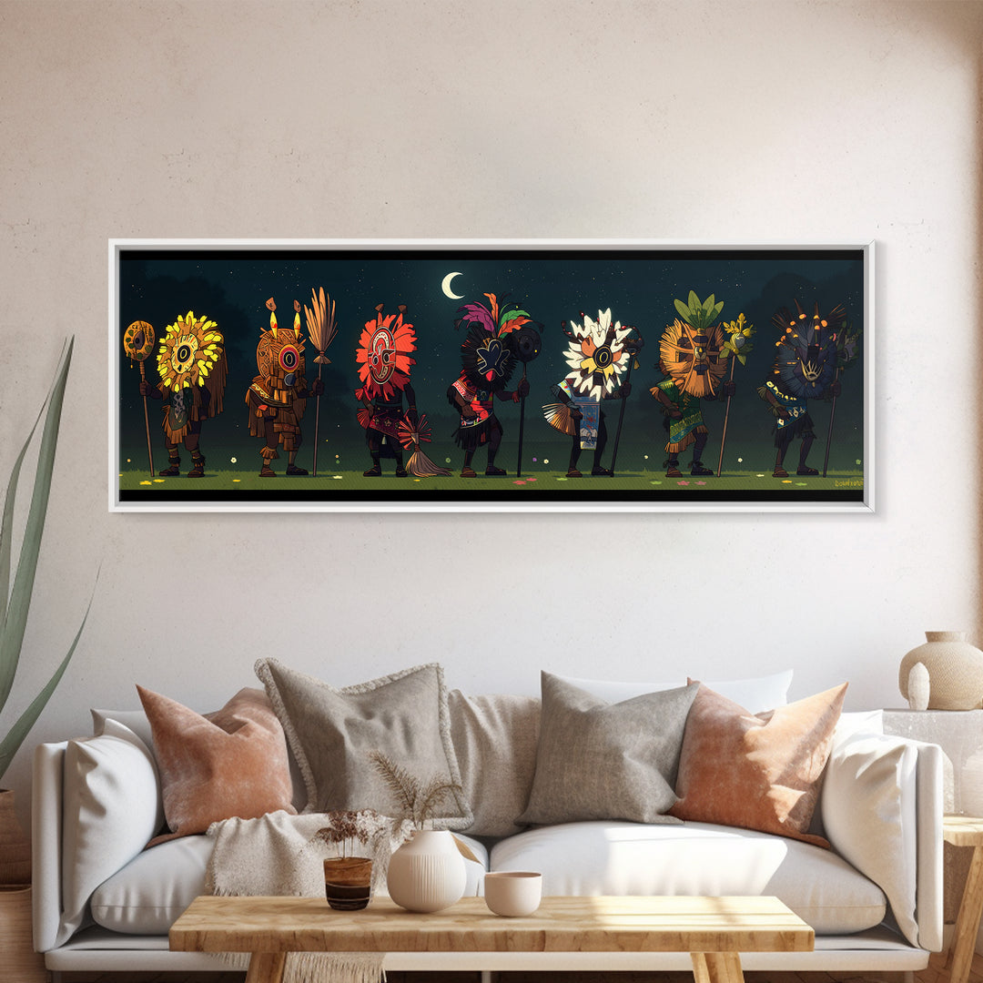 Moonlit African Mask Procession With Flower Headdresses Wall Art, Tribal Canvas Print, Boho Afrocentric Room Decor Statement Gift