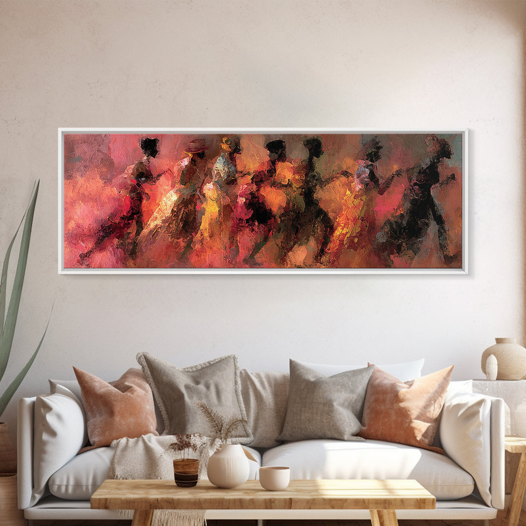 Abstract African Women Dancing Through Warm Red Light Wall Art, Modern Canvas Print, Elegant Afrocentric Home Decor Gift
