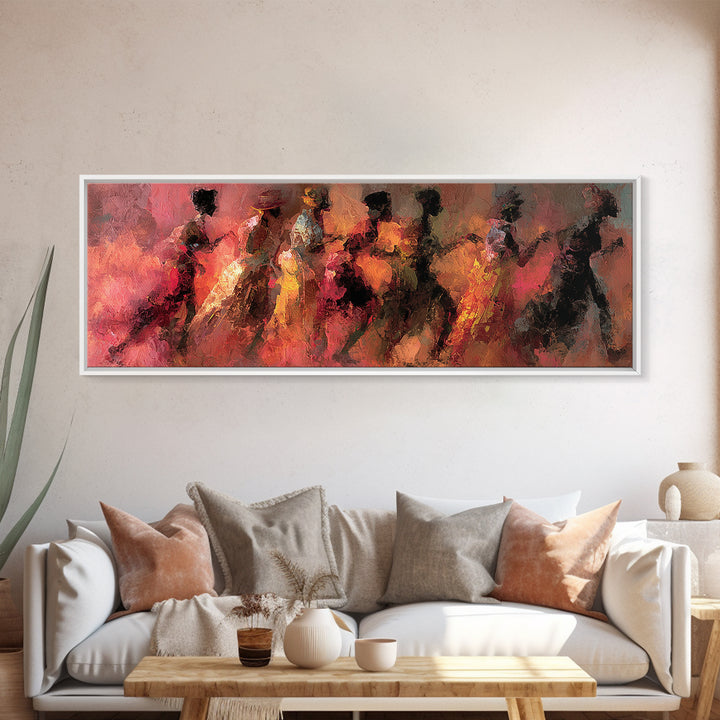 Abstract African Women Dancing Through Warm Red Light Wall Art, Modern Canvas Print, Elegant Afrocentric Home Decor Gift