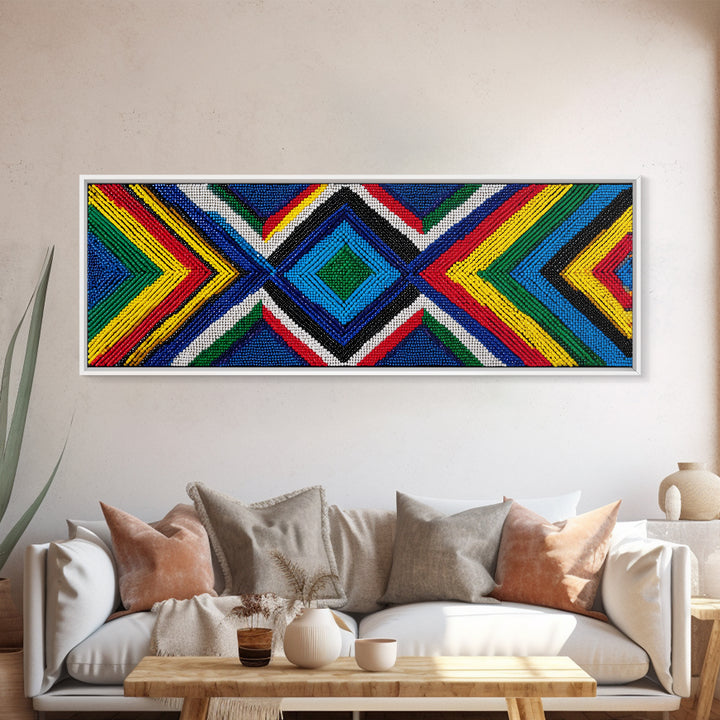 Vibrant Beaded Diamond Chevron Wall Art, African Tribal Pattern, Geometric Textile Print, Colorful Boho Home Decor, Statement Piece
