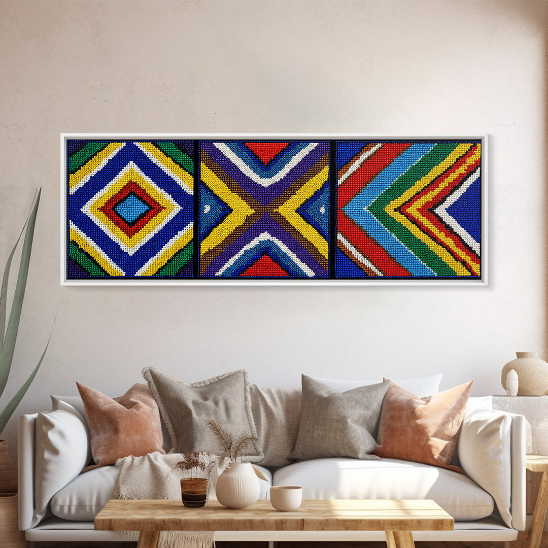 Three Panel Beaded Diamond Canvas Print, African Tribal Chevron Pattern, Geometric Wall Art, Colorful Boho Wall Decor, Set Of 3 Art