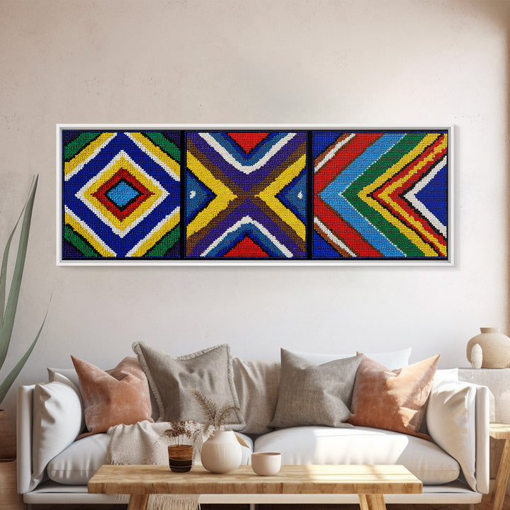 Three Panel Beaded Diamond Canvas Print, African Tribal Chevron Pattern, Geometric Wall Art, Colorful Boho Wall Decor, Set Of 3 Art