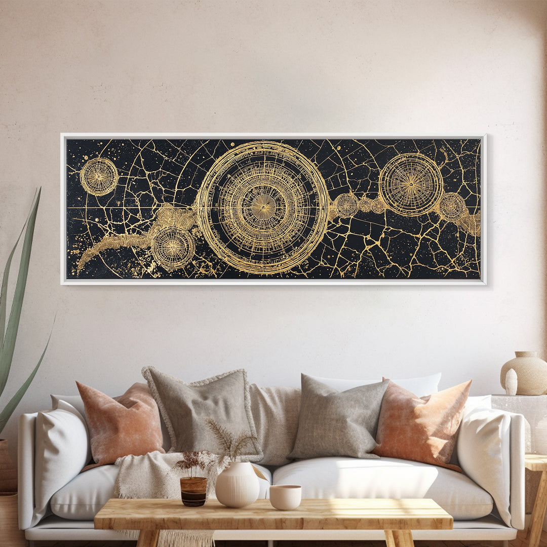 Gold Celestial Map Canvas Print, African Abstract Circles, Black And Gold Wall Art, Spiritual Luxury Home Decor, Mystical Wall Art