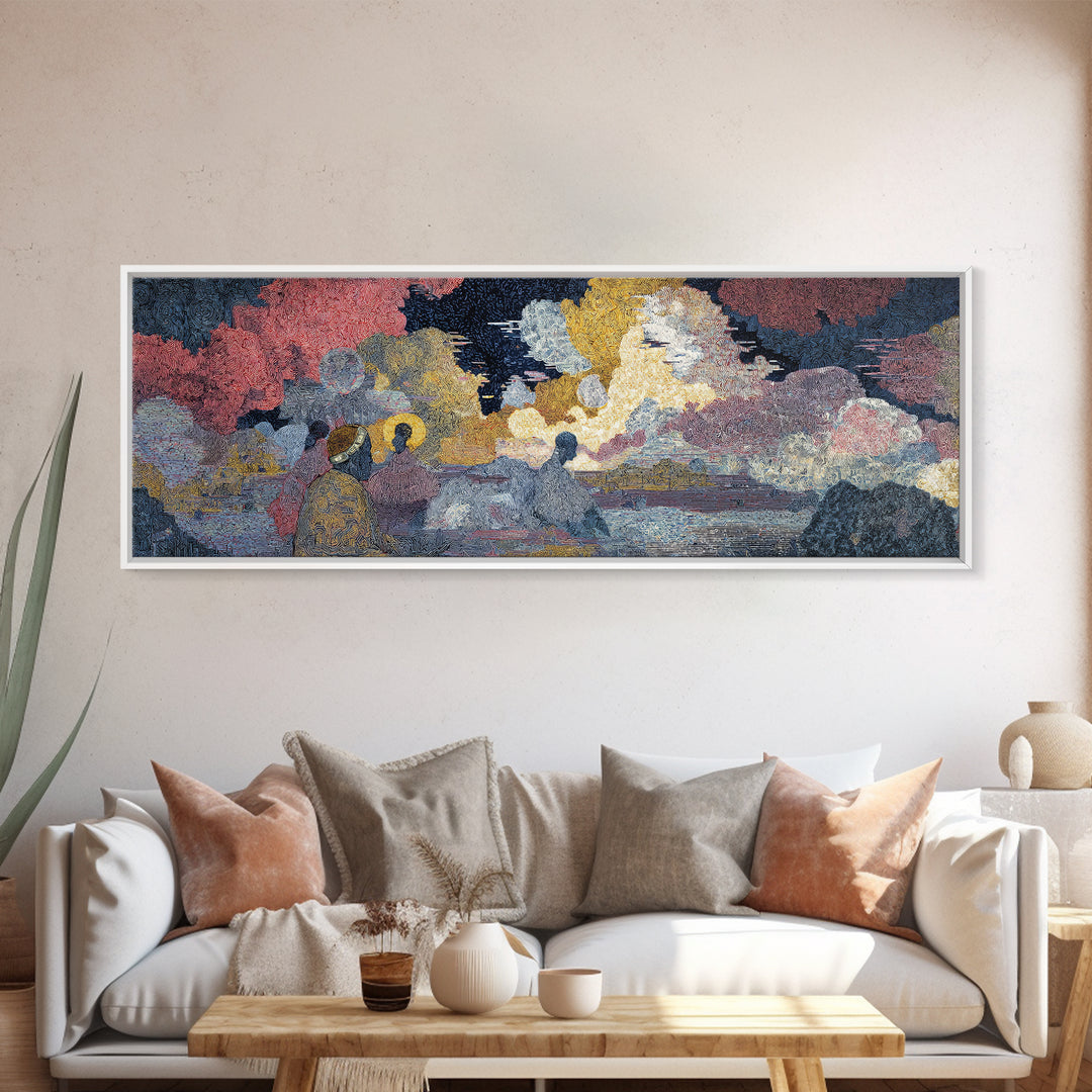 Sunset Harbor Figures In Textured Clouds Wall Art, African Inspired Landscape, Colorful Modern Canvas Print For Living Room