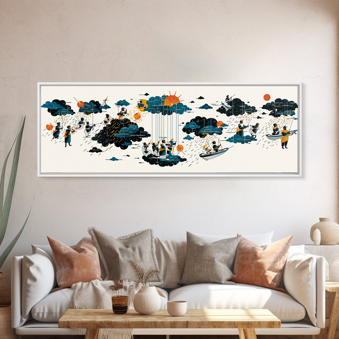 Whimsical Rain Cloud Journey Wall Art, Tiny Boats And Figures Illustration, Modern Blue Orange Canvas Print, Playful Decor