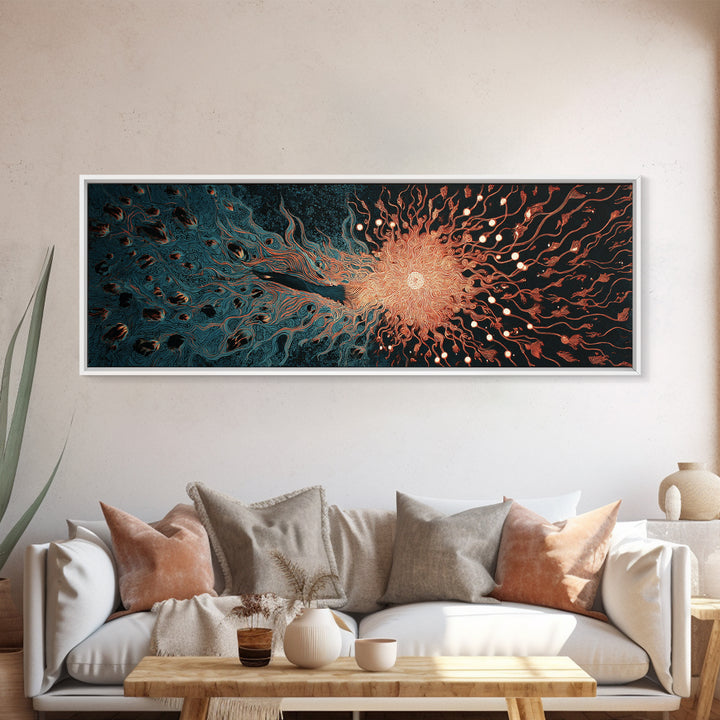 Fiery Coral Organic Bloom Wall Art, Teal Black Abstract Canvas Print, Contemporary Fluid Energy Decor, Bold Home Artwork