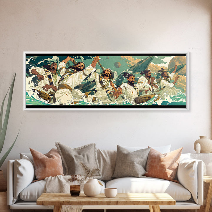Heroic African Warriors At Sea Wall Art, Dynamic Cultural Canvas Print, Afrocentric Ocean Adventure Decor, Bold Statement Art