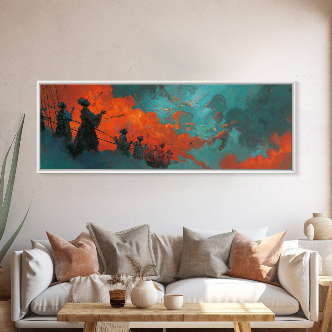 Orange Teal African Warriors In Storm Wall Art, Afrocentric Canvas Decor, Black Culture Art, Ancestral Spirit African Wall Decor