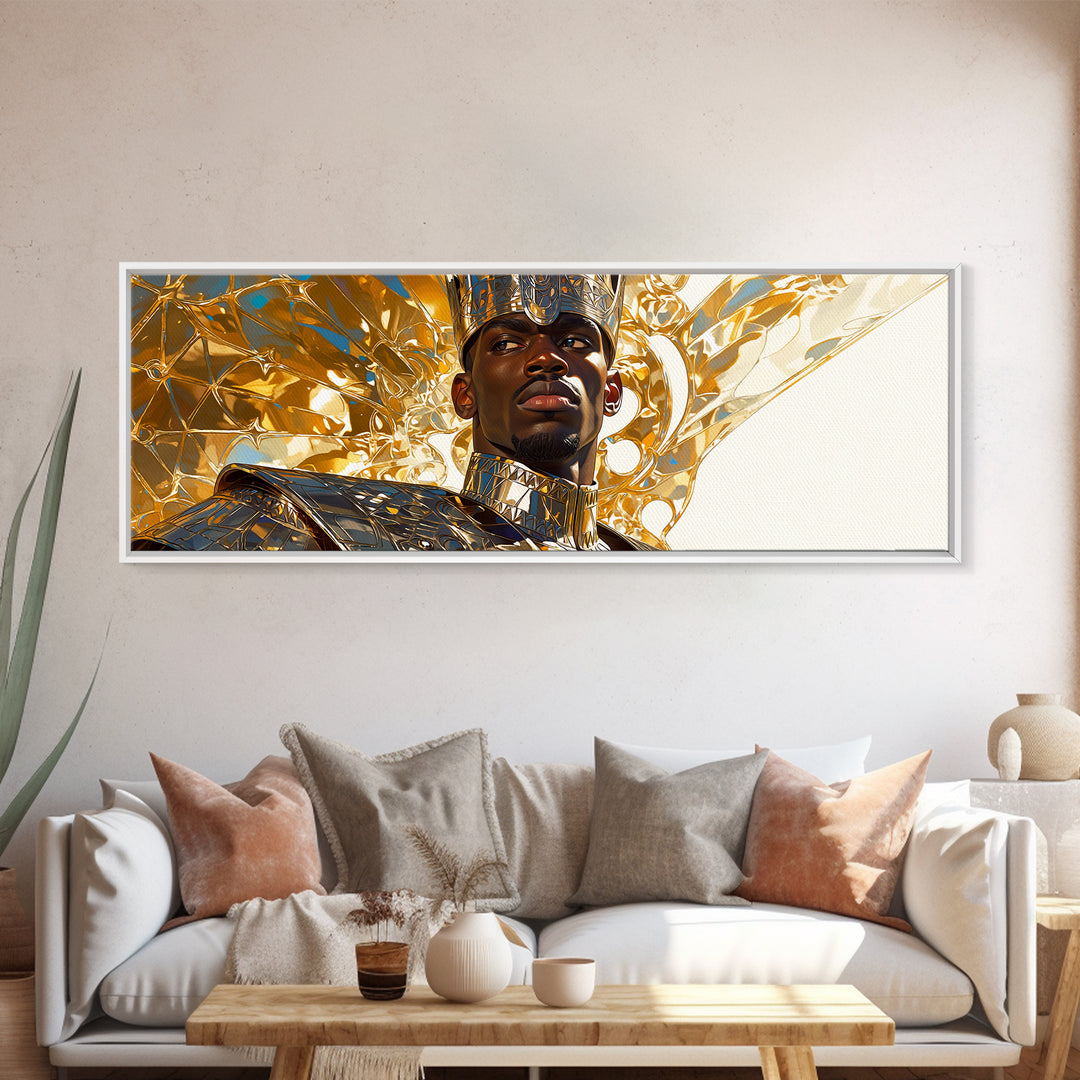 Majestic Black King In Gold Armor Framed Canvas Print, African Portrait, Black Man Wall Art, Afrocentric Decor, Royal Gift