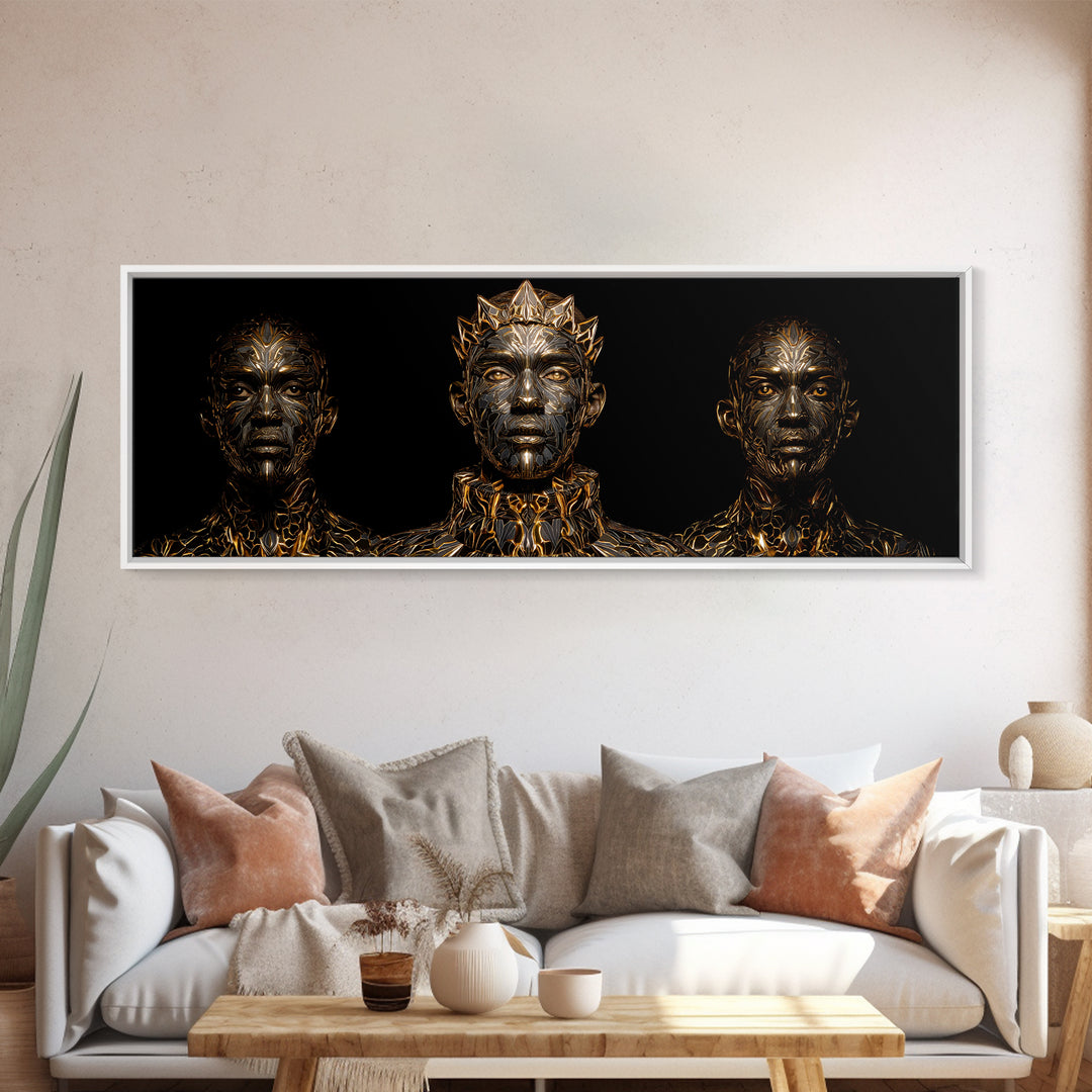 Three Crowned Black Kings In Gold Wall Art, African Warrior Art, Afrocentric Canvas Decor, Black Culture Art, Royal Portrait