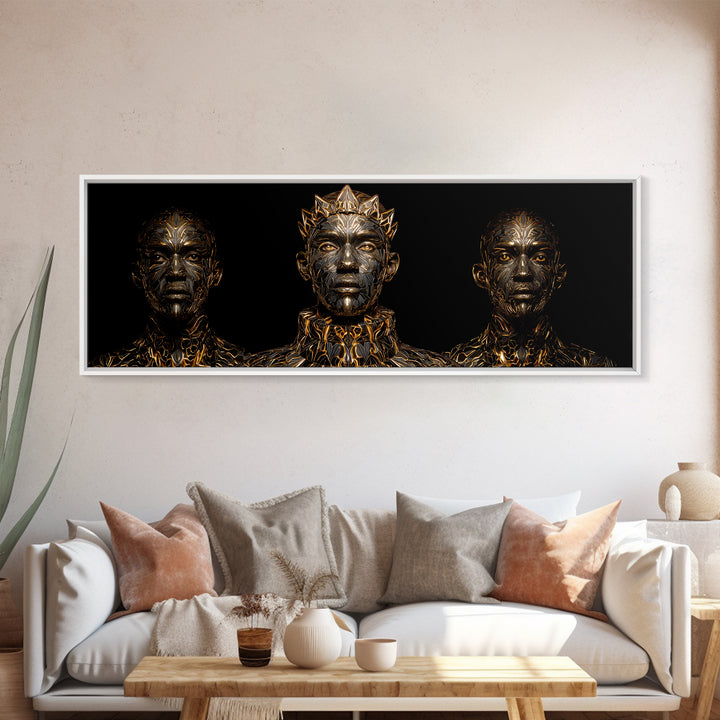 Three Crowned Black Kings In Gold Wall Art, African Warrior Art, Afrocentric Canvas Decor, Black Culture Art, Royal Portrait