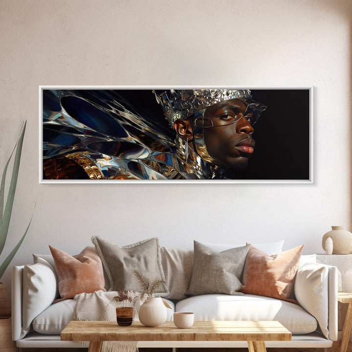 Chrome Crown Black Prince Portrait Canvas Print, Afrofuturism Decor, Black Man Wall Art, Luxury Canvas Art, Royal Statement Decor