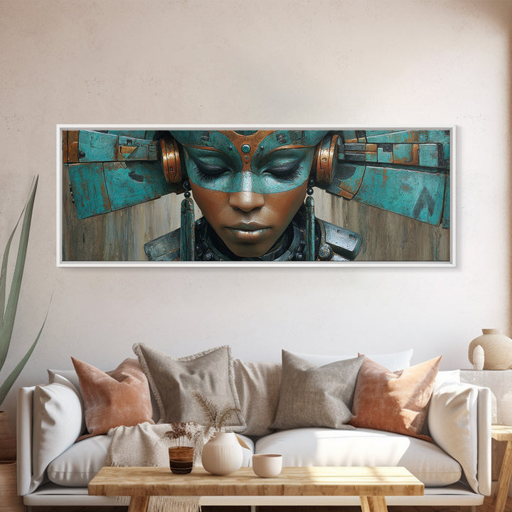Futuristic Turquoise African Queen Mask Canvas Print, Afrofuturism Decor, Black Goddess Portrait, Modern Afro Wall Decor