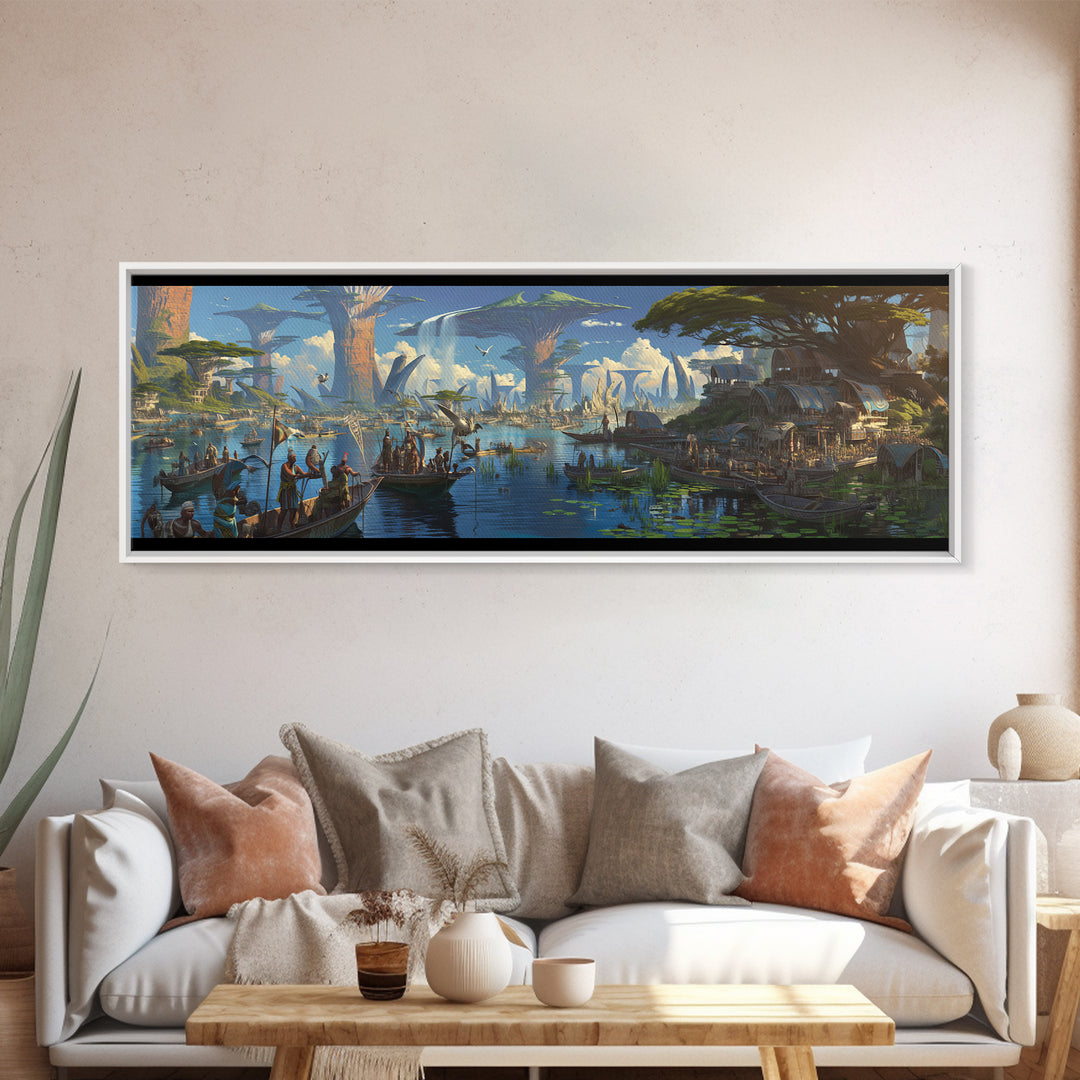 Afrofuturist African Waterfront Village Wall Art, Fantasy Baobab Landscape, Cultural Safari Decor, Unique Canvas Gift, Home Decor