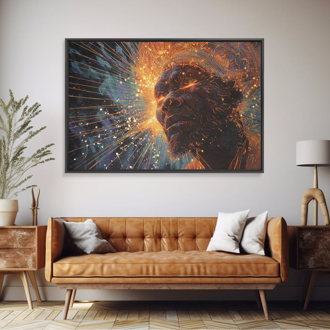 Cosmic Black Man Profile With Radiant Energy Wall Art, Afrocentric Spiritual Decor, Modern African Portrait, Black Art Gift